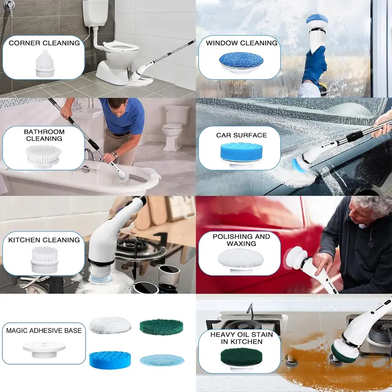 Cordless Electric Spin Scrubber, IPX7 Waterproof Cleaning Brush with 4 Replaceable Heads & 3 Adjustable Extension Handles